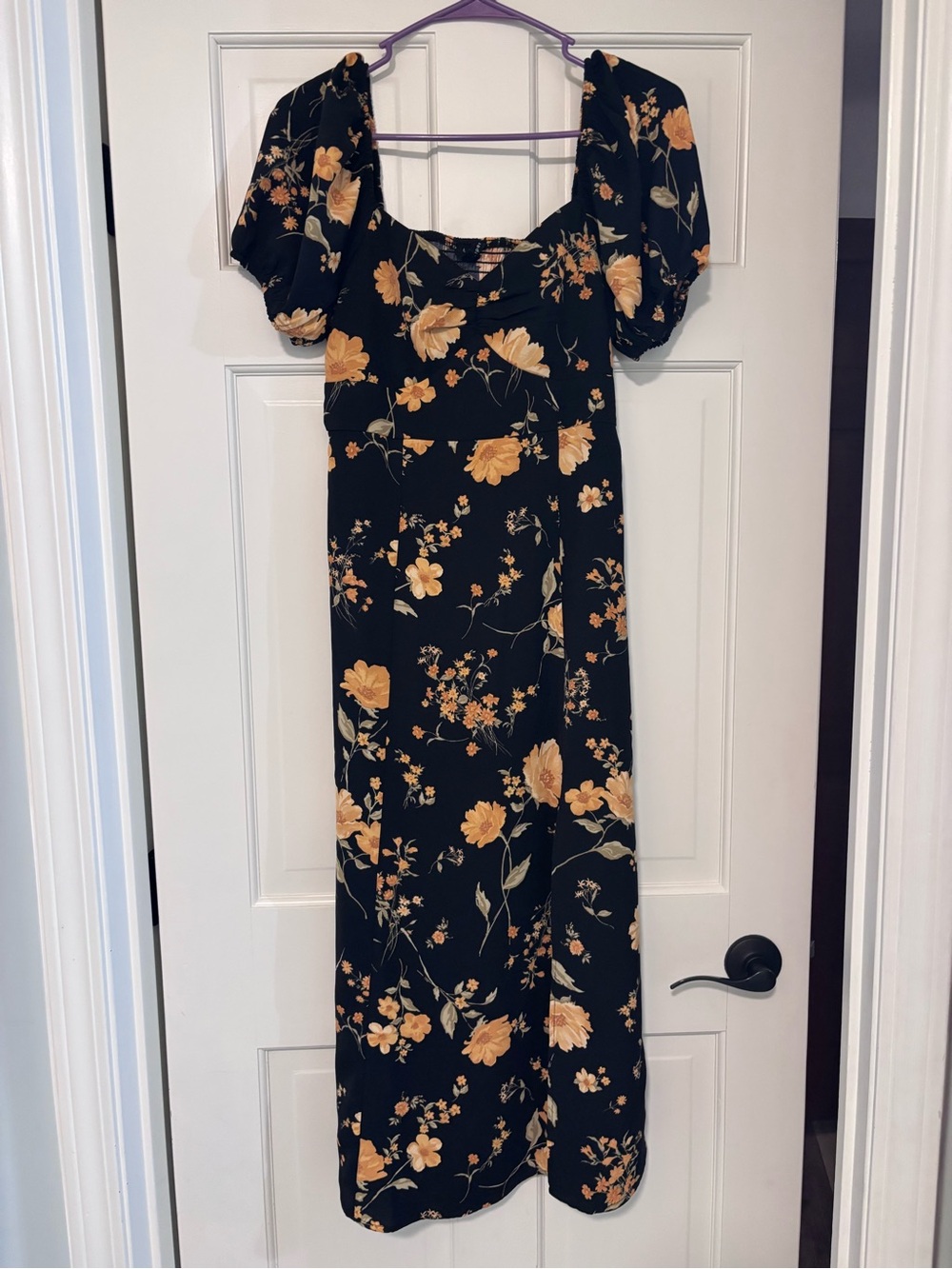 Blu Pepper Black Floral Puff-Sleeve Midi Dress with Yellow Blooms (size small)